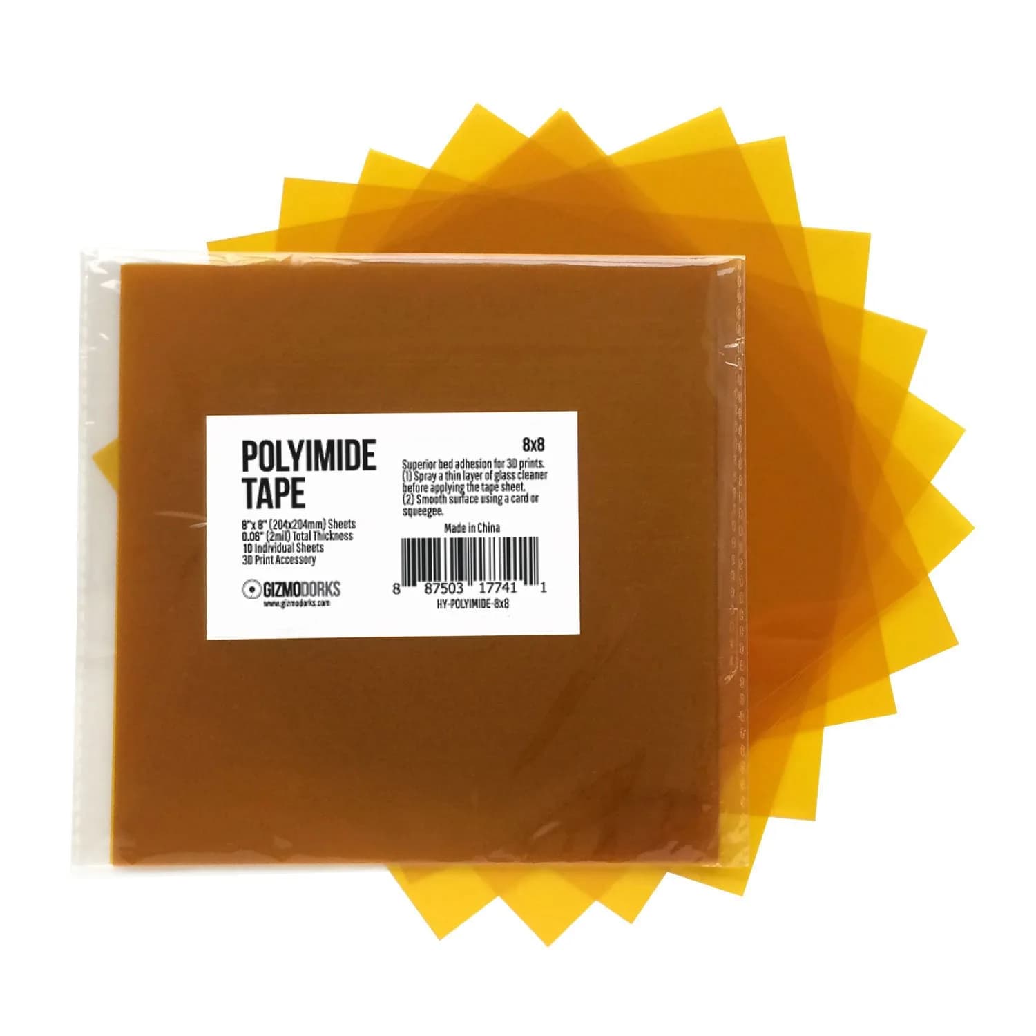Gizmo Dorks 8 in x 8 in Kapton Polyimide Tape Sheets 10 Pack | Extreme Temperature & Superior Adhesion — Yellow