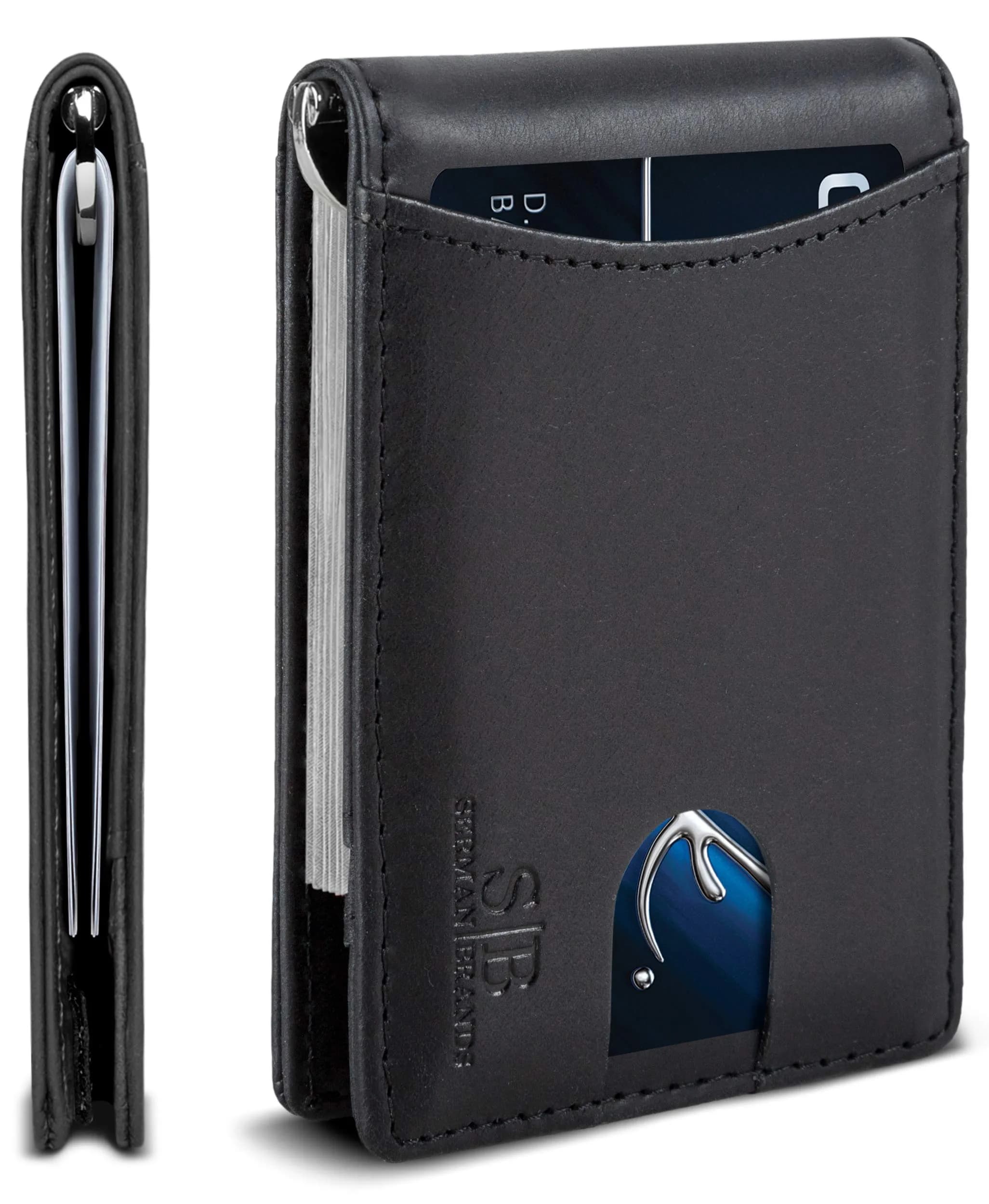 SERMAN BRANDS RFID Blocking Slim Bifold Genuine Leather Wallet for Men with Money Clip | Minimalist Front Pocket Design — Charcoal Black 1.S
