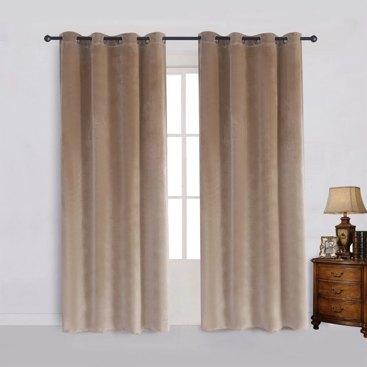 Cherry Home Velvet Curtains Set of 2 Sand Color | Room Darkening Blackout Drapes (52x63 inches)