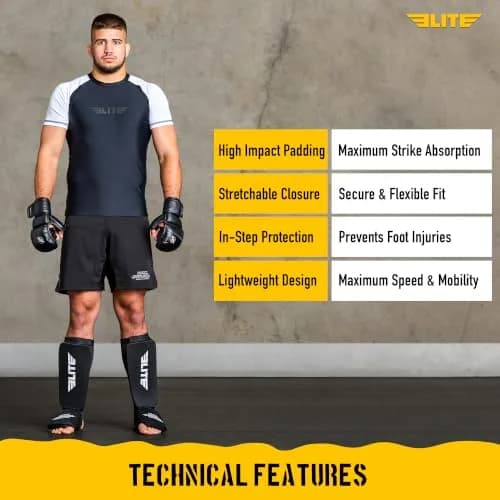 Elite Sports Kickboxing MMA Muay Thai Shin & Instep Guards Leg Pad Training Protective Gear Black/White (Pair, L/XL) thumbnail 6