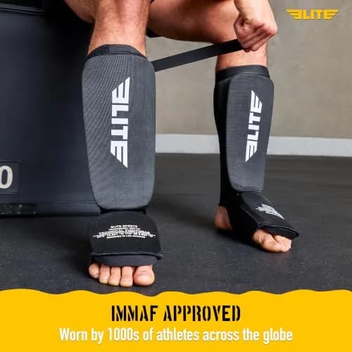 Elite Sports Kickboxing MMA Muay Thai Shin & Instep Guards Leg Pad Training Protective Gear Black/White (Pair, L/XL) thumbnail 7