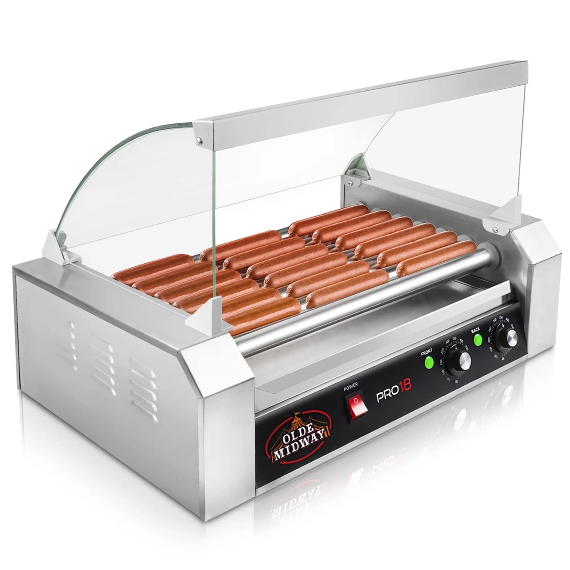 OLDE MIDWAY Electric 18 Hot Dog 7 Roller Grill Cooker with Cover 900-Watt | Commercial Grade