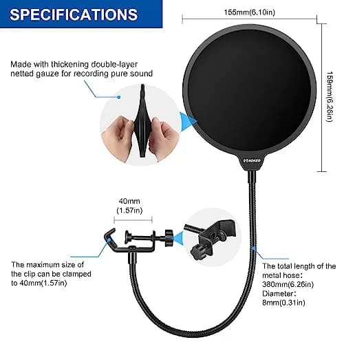 Aokeo Microphone Pop Filter Shield for Blue Yeti & All Microphones | Dual Layer Wind Screen with 360° Gooseneck Clamp thumbnail 6
