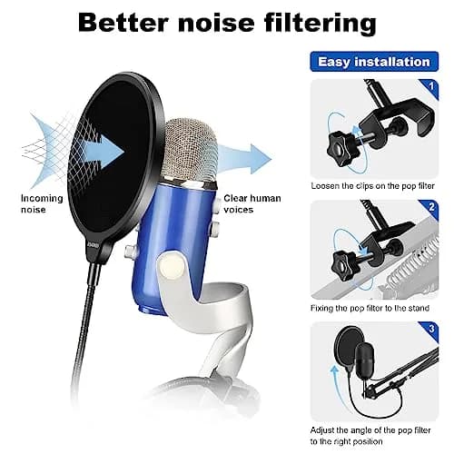 Aokeo Microphone Pop Filter Shield for Blue Yeti & All Microphones | Dual Layer Wind Screen with 360° Gooseneck Clamp thumbnail 3