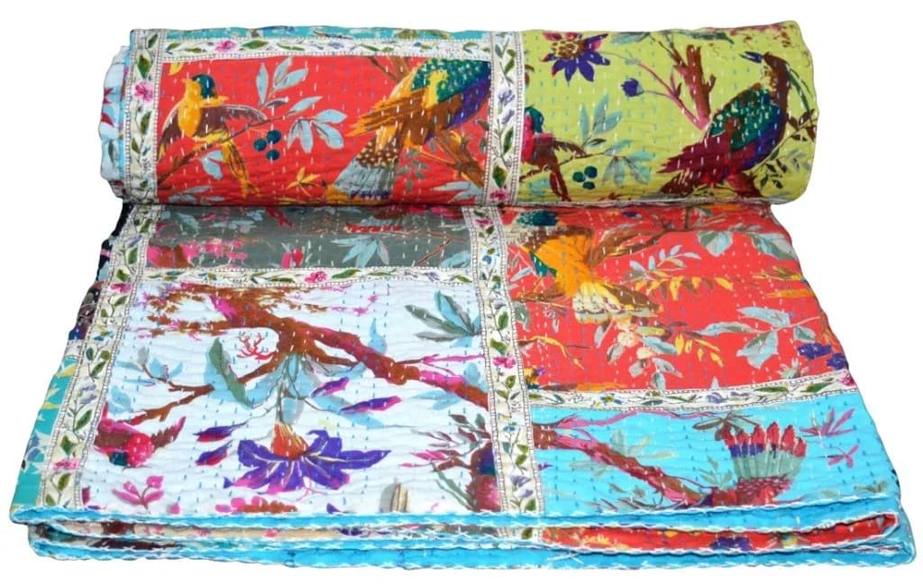V Vedant Designs Bird Print Patchwork Cotton Kantha Quilt Throw Blanket Bedspread Queen Size | Hand Embroidered Art