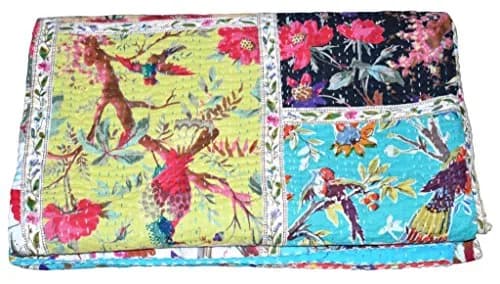 V Vedant Designs Bird Print Patchwork Cotton Kantha Quilt Throw Blanket Bedspread Queen Size | Hand Embroidered Art thumbnail 3
