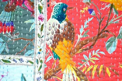 V Vedant Designs Bird Print Patchwork Cotton Kantha Quilt Throw Blanket Bedspread Queen Size | Hand Embroidered Art thumbnail 2