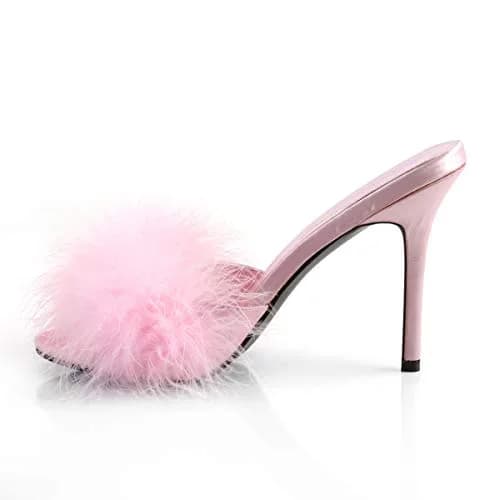 Fabulicious Classique-01F Marabou Slipper 4" Heel | Pink PU & Rubber Sole for Women thumbnail 3