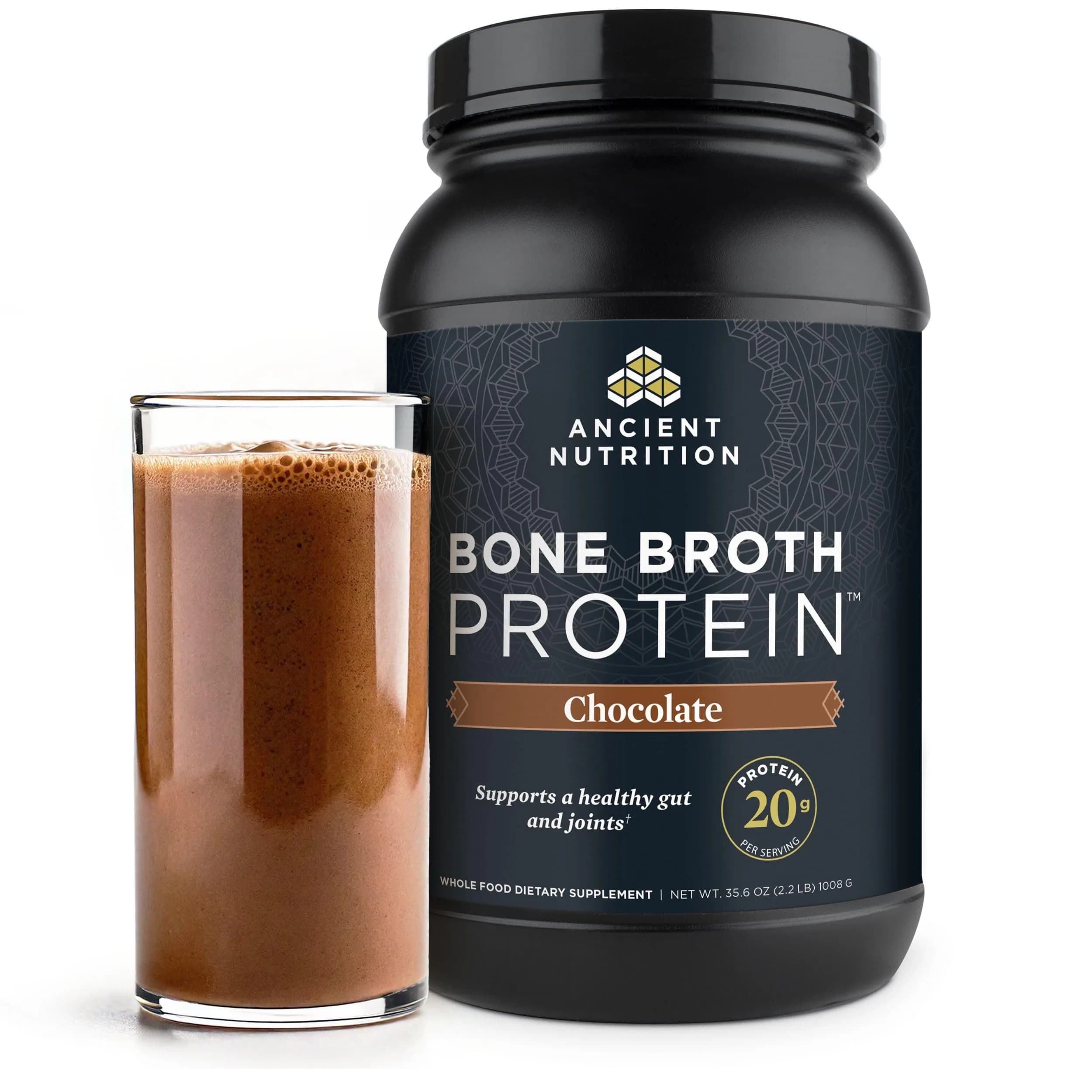 Ancient Nutrition Grass Fed Bone Broth Protein Powder Chocolate 1kg (35.6oz) | 20g Protein Per Serving - main product image