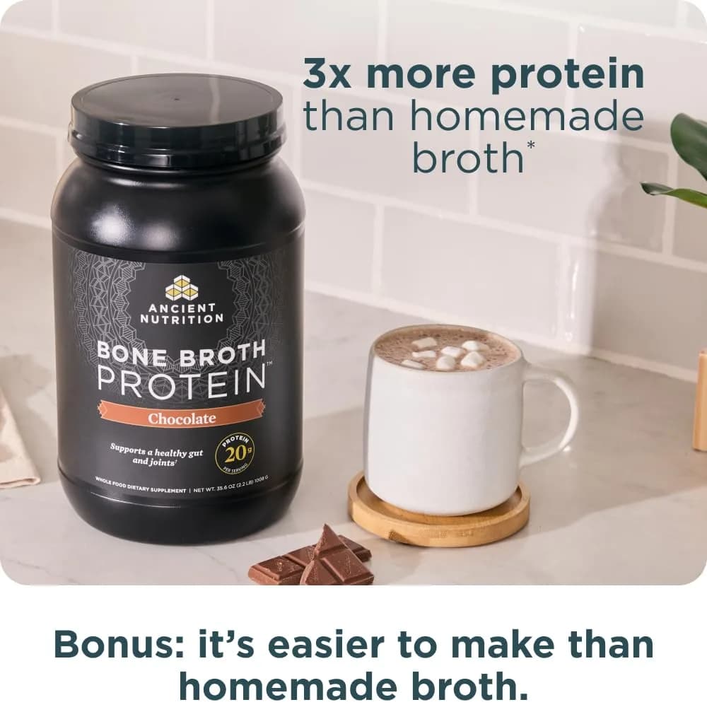 Ancient Nutrition Grass Fed Bone Broth Protein Powder Chocolate 1kg (35.6oz) | 20g Protein Per Serving - view 6