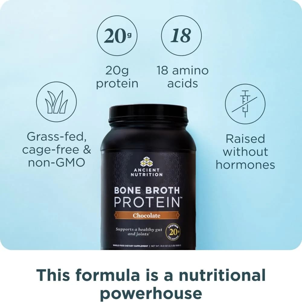 Ancient Nutrition Grass Fed Bone Broth Protein Powder Chocolate 1kg (35.6oz) | 20g Protein Per Serving - view 2
