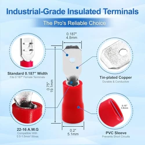 Baomain 0.187" Male Quick Disconnect Spade Terminals 22-16 AWG | Insulated Copper Connectors for Automotive & DIY (70-120 chars) thumbnail 2