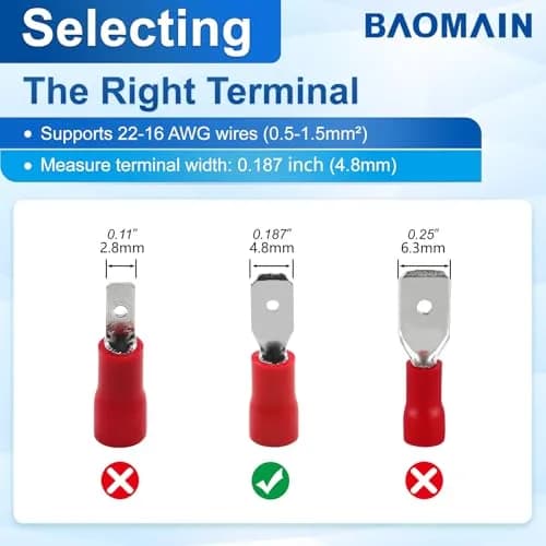 Baomain 0.187" Male Quick Disconnect Spade Terminals 22-16 AWG | Insulated Copper Connectors for Automotive & DIY (70-120 chars) thumbnail 4