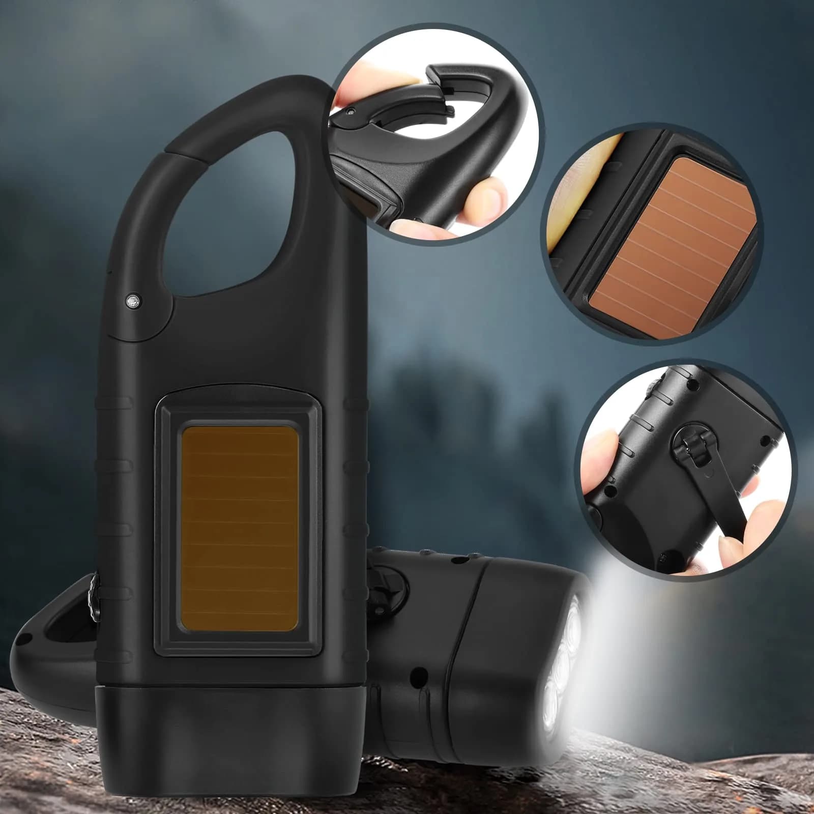 Simpeak Hand Cranking Solar Powered Flashlight, Rechargeable Emergency LED Flashlight Carabiner Dynamo Quick Snap Clip Backpack Flashlight Torch for Outdoor Camping Climbing Hiking (Black) thumbnail 2