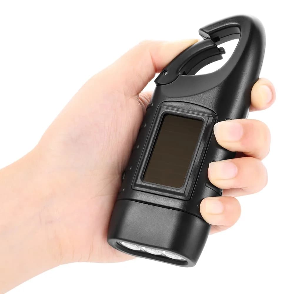 Simpeak Hand Cranking Solar Powered Flashlight, Rechargeable Emergency LED Flashlight Carabiner Dynamo Quick Snap Clip Backpack Flashlight Torch for Outdoor Camping Climbing Hiking (Black) thumbnail 3
