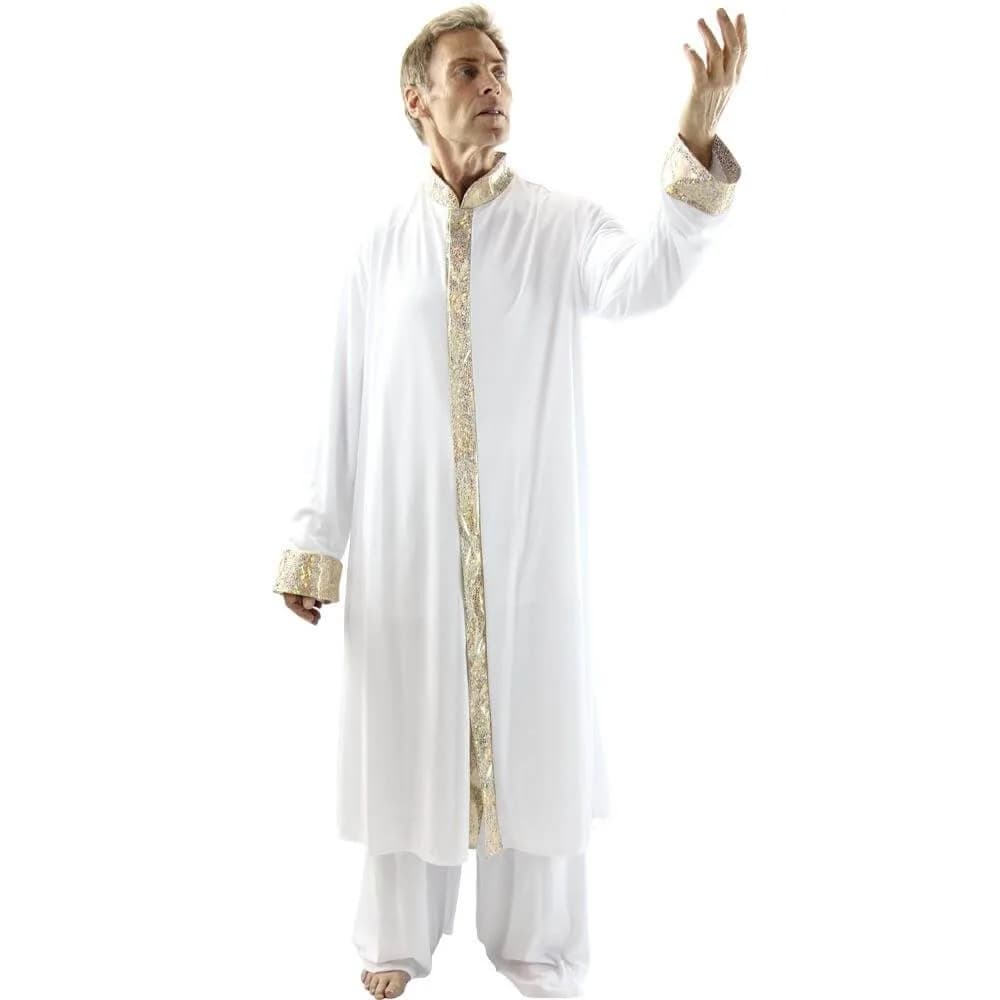 Danzcue Mens Worship Dance Stained Glass Robe, White-Gold, S-M | Religious Dance Costume with Stand-Up Collar
