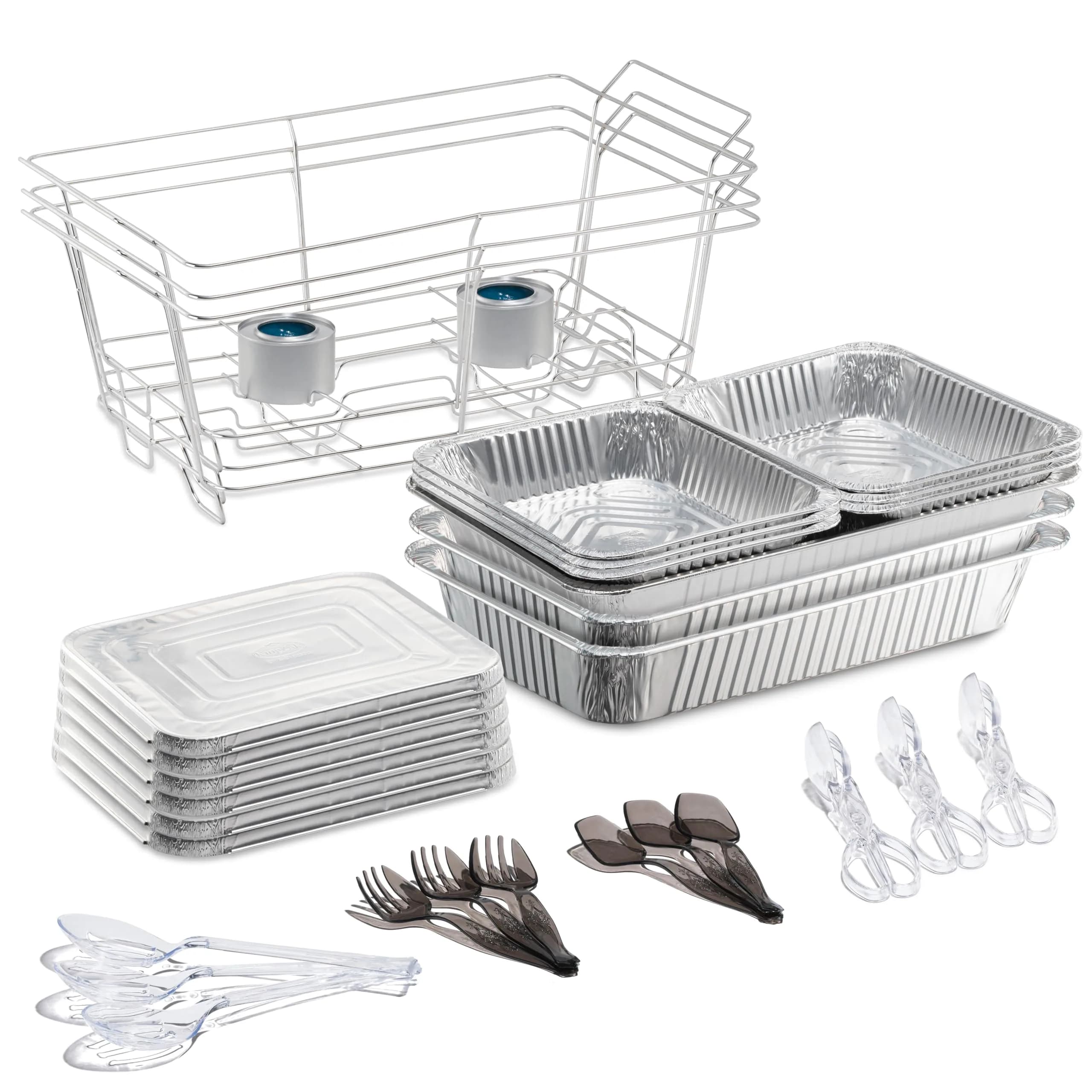 Tiger Chef Disposable Chafing Dishes for Buffet Set - Full-Size Disposable Wire Chafer Stand Kit - 30-Piece Catering Set for Parties Includes Chafer Pans Disposable Serving Utensils | Cost-Effective Buffet Solution — Chrome