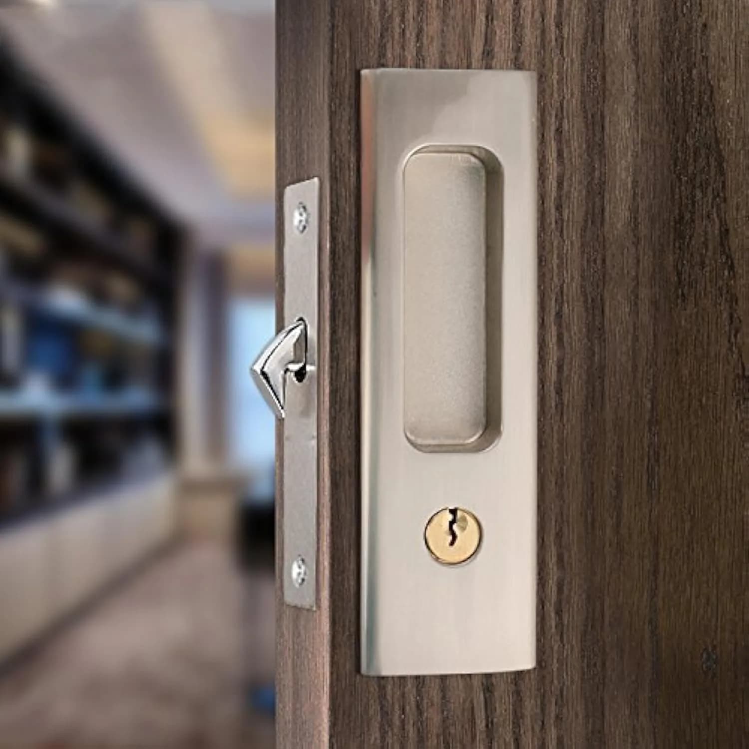 CCJH Privacy Pocket Door Lock Handle with Key, Zinc Alloy Brushed Nickel Silver 160mm (6.3" x 1.77") | Modern Interior Furniture Hardware — Silver