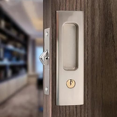 CCJH Privacy Pocket Door Lock Handle with Key, Zinc Alloy Brushed Nickel Silver 160mm (6.3" x 1.77") | Modern Interior Furniture Hardware thumbnail 1
