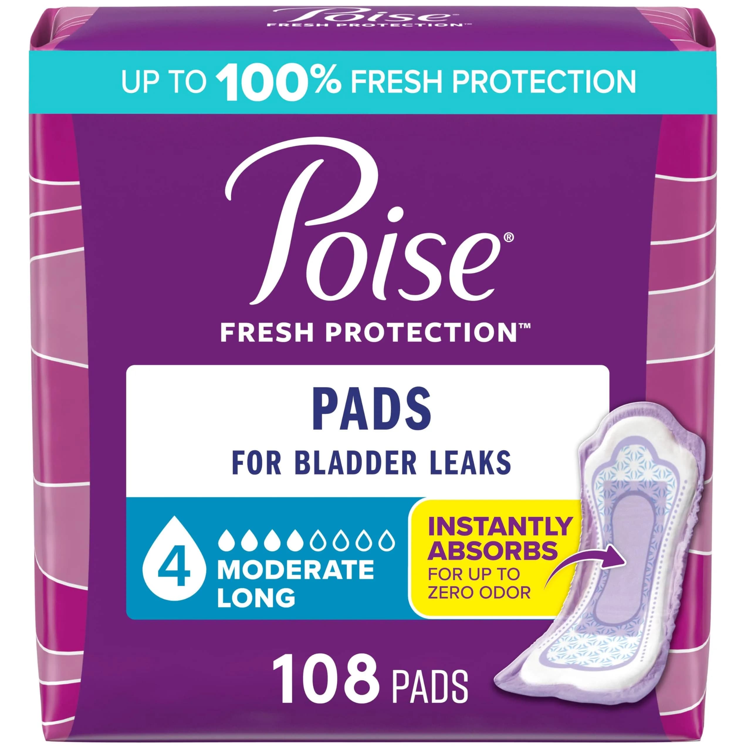 Poise Incontinence Pads for Women, 4 Drop Moderate Absorbency, 132 ct | Dermatologist Tested for Sensitive Skin — Long