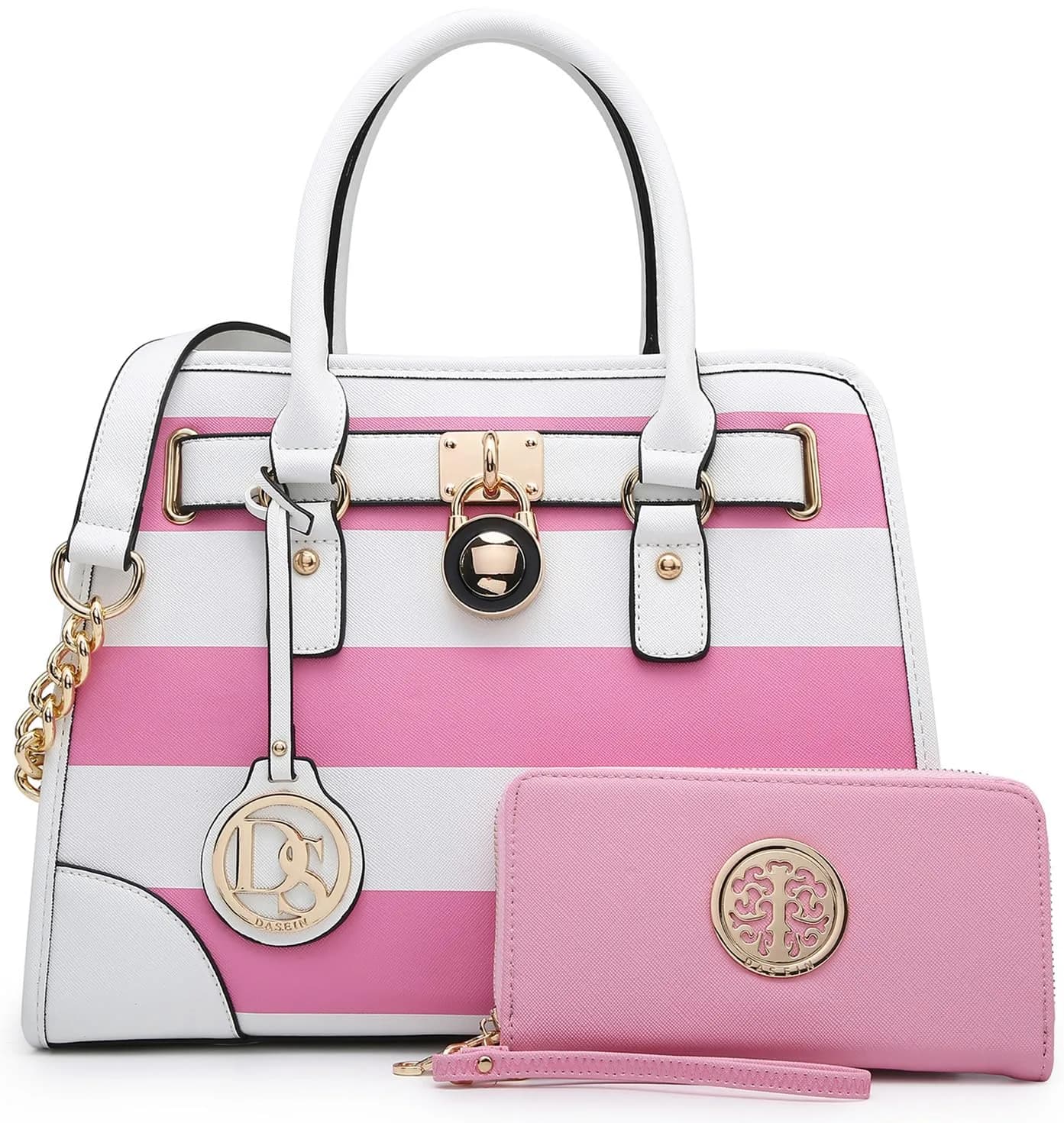 Dasein Women Handbags Top Handle Satchel Purse Shoulder Bag Hobo Bag Set 2pcs (White Floral) | Vegan Leather, Structured Design, 2pcs Set — Pink and White Striped