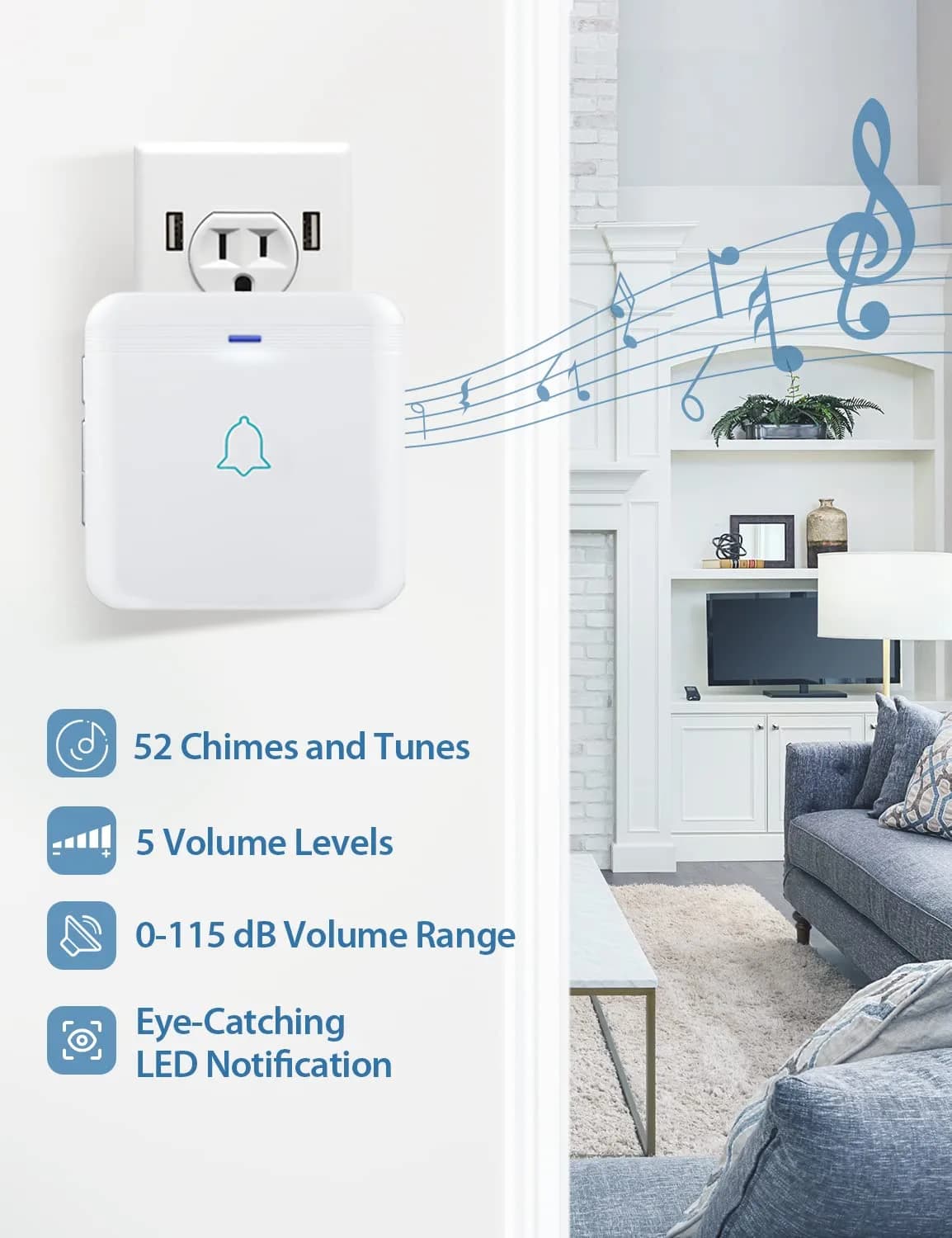 AVANTEK Wireless Doorbell Kit with 2 Receivers | 1300 ft Range, Waterproof Transmitter, 52 Melodies - view 2