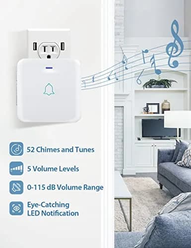 AVANTEK Wireless Doorbell Kit with 2 Receivers | 1300 ft Range, Waterproof Transmitter, 52 Melodies thumbnail 2