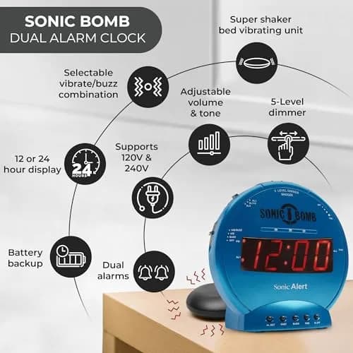 Sonic Alert Sonic Bomb Dual Alarm Clock with Bed Shaker, Turquoise, Large | Heavy Sleepers Wake with a Shake thumbnail 4