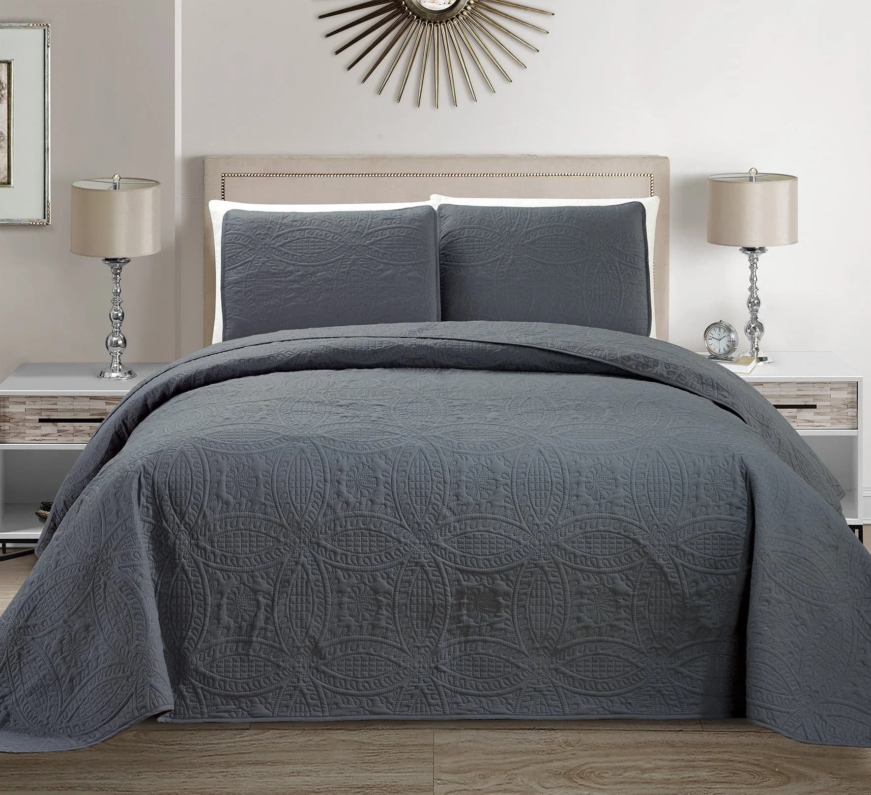 MK Home 3pc King/California King Bedspread Set | Brushed Microfiber, Over Size Dark Grey