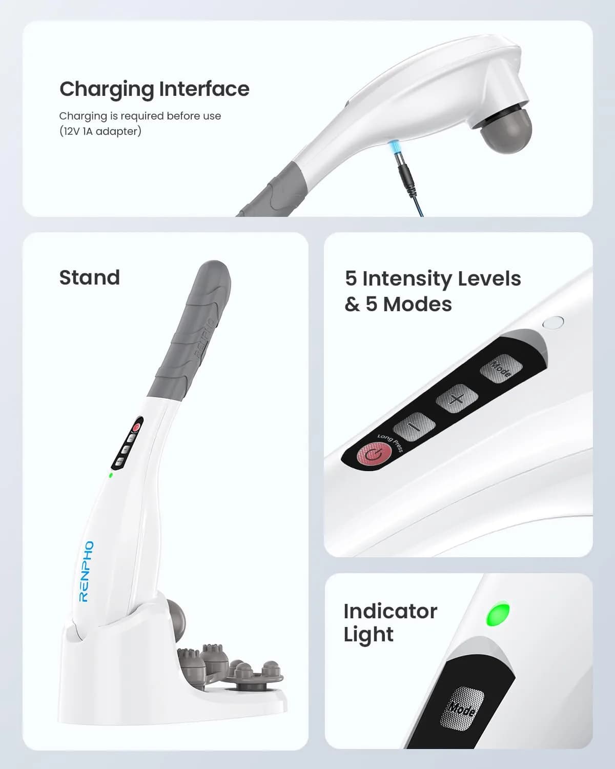 RENPHO Rechargeable Handheld Back Massager with 5 Speeds & Modes, 1.76 lb | Deep Tissue Muscle Relief - view 4