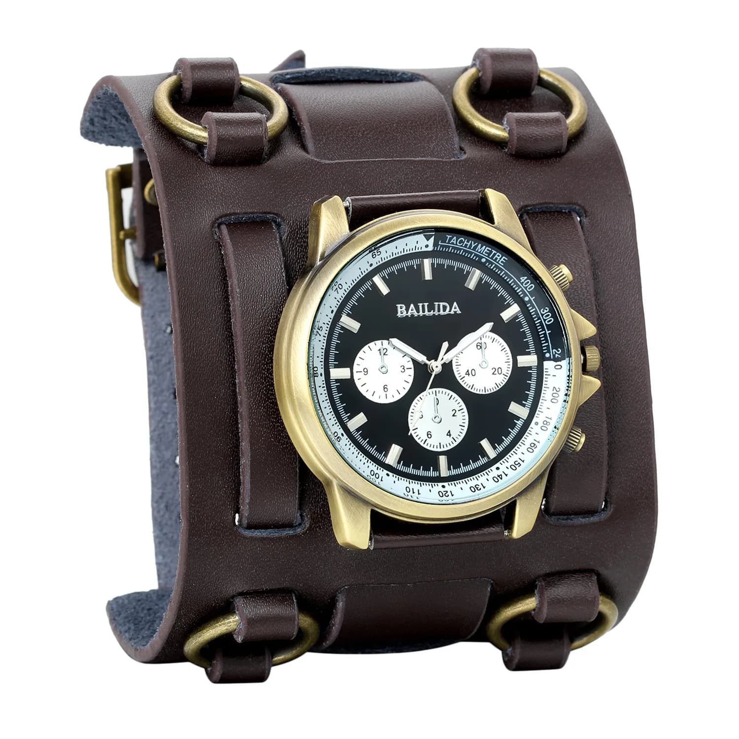 Avaner Mens Retro Steampunk Rock Leather Bracelet Watch 4.6cm Dial | Japanese Quartz Movement — Brown-1