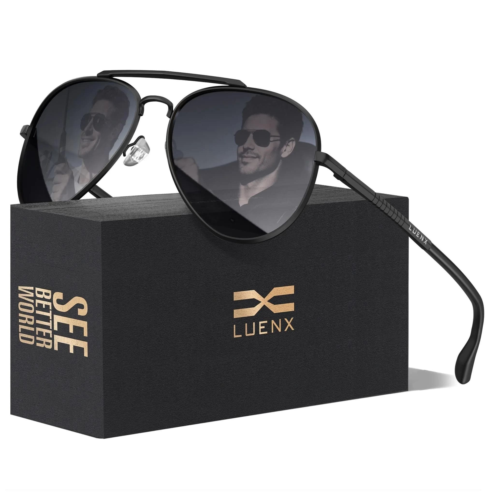 Luenx Aviator Polarized Sunglasses for Men & Women | 60mm Gradient Amber Lens, Lightweight Metal Frame — Black/Black Frame