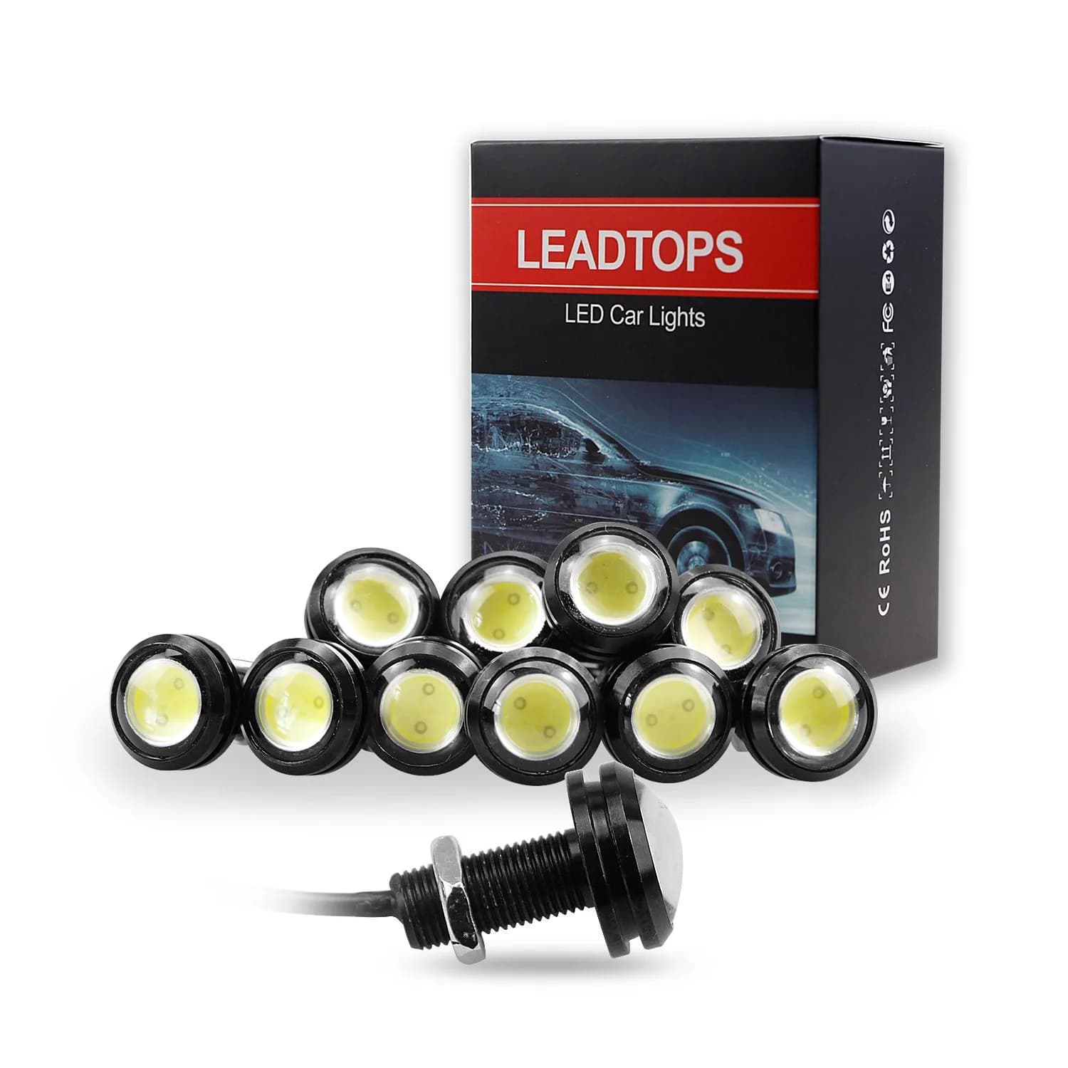LEADTOPS 10Pcs 18mm 12V Eagle Eye LED Car Fog DRL Daytime Running Light Backup Reverse Tail Rock Lights White — White light