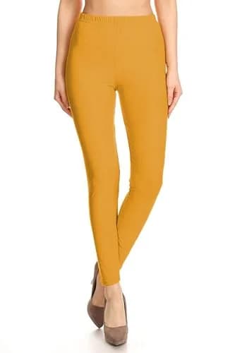 Leggings Depot Womens 1" Waistband High Waisted Solid Leggings Pants (Full Length, Mustard, One Size) thumbnail 2