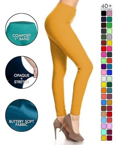 Leggings Depot Womens 1" Waistband High Waisted Solid Leggings Pants (Full Length, Mustard, One Size) thumbnail 3
