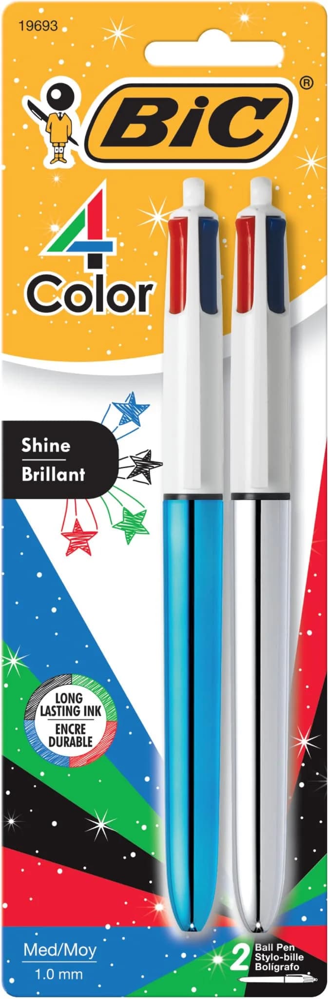 BIC 4 Color Shine Retractable Ballpoint Pen 1.0 mm | 2-Count, Multicolor Ink, Durable & Portable