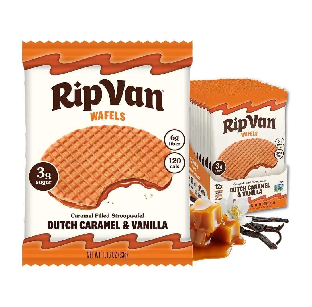 Rip Van Wafels Dutch Caramel & Vanilla Stroopwafels | Low Sugar, Keto Friendly, 12 Count