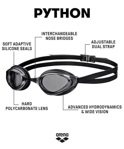 ARENA Unisex Python Racing Swim Goggles for Men and Women Anti-Fog Non-Mirror Lens Max Comfort Dual Strap, Smoke/Black | Performance Hydrodynamics thumbnail 2