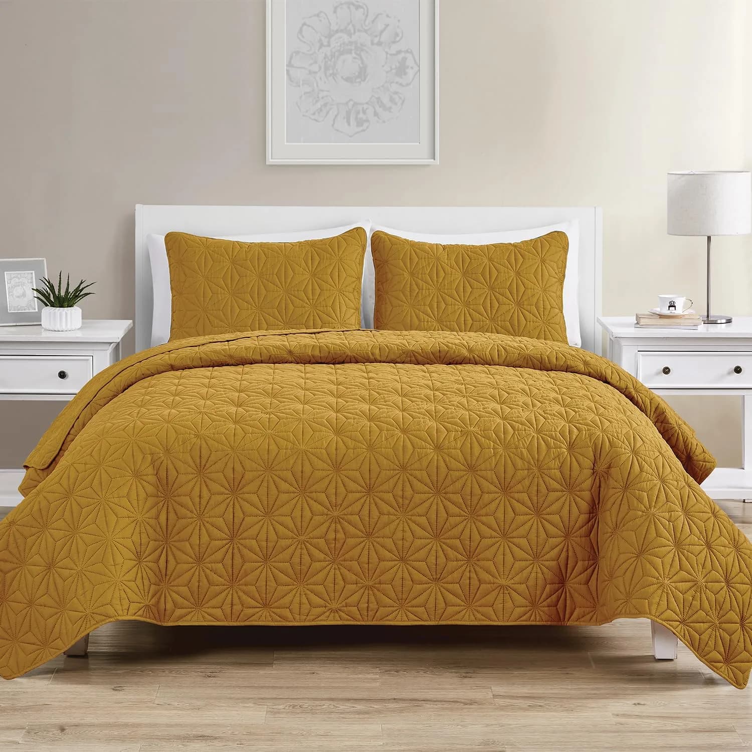 VCNY Home Kaleidoscope Quilt Set, Full/Queen 3-Piece, Gold | Geometric Pattern, Breathable Microfiber