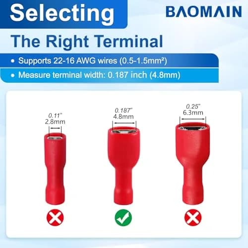 Baomain Fully Insulated Female Spade Terminals 22-16 AWG | Secure, Tin-Plated Copper Connectors thumbnail 4
