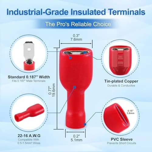 Baomain Fully Insulated Female Spade Terminals 22-16 AWG | Secure, Tin-Plated Copper Connectors thumbnail 2