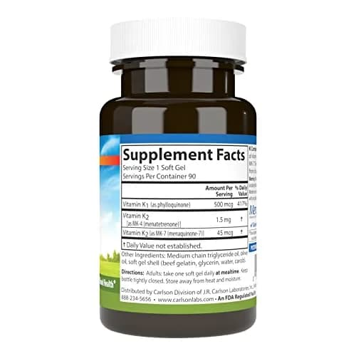 Carlson K Complete Vitamin K-1, K2 as MK-4, 90 Softgels | Supports Bone & Heart Health thumbnail 2