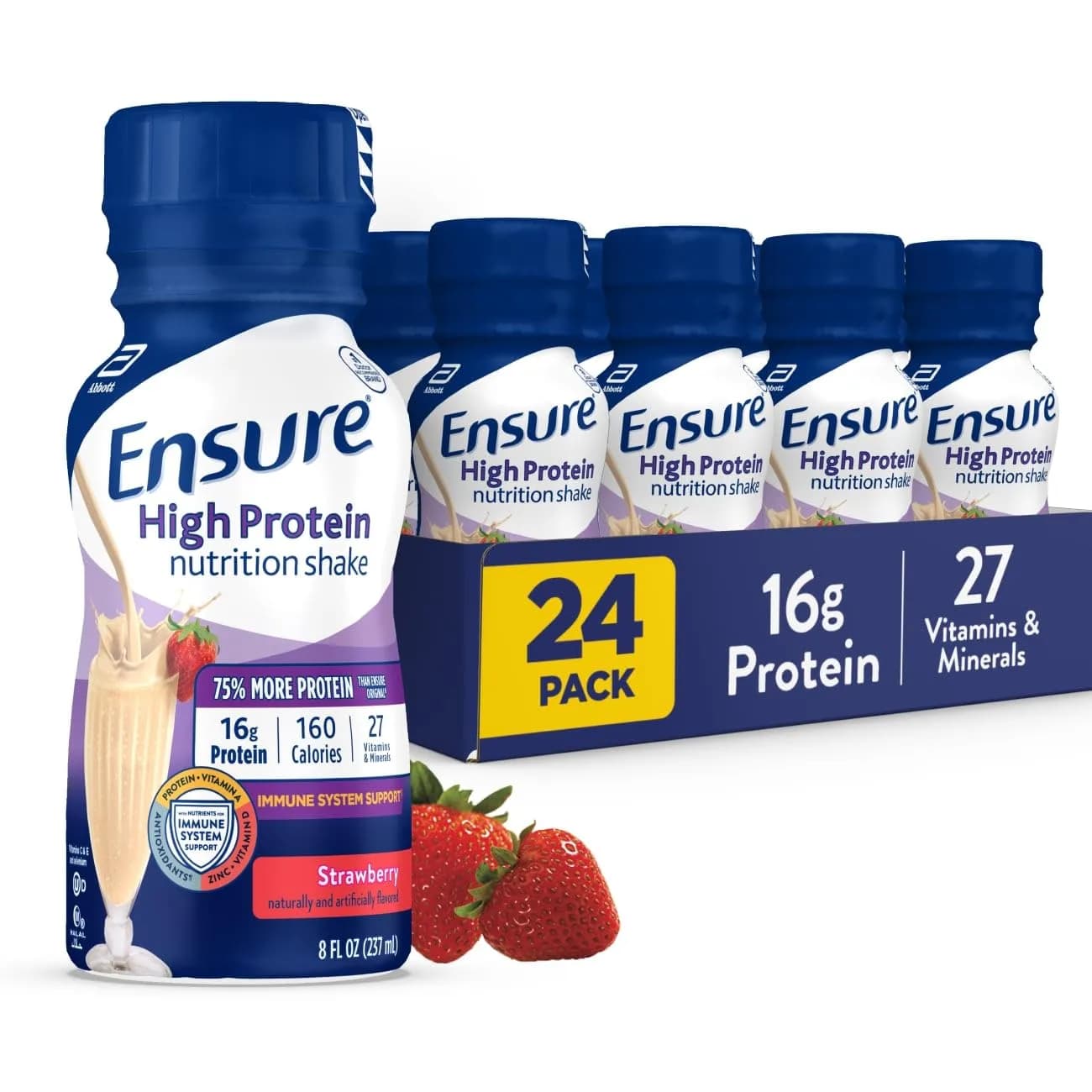Ensure High Protein Strawberry Nutrition Shake, Ready to Drink, 16g Protein and 27 Vitamins and Minerals, 8 fl oz, 24 Pack — Strawberry