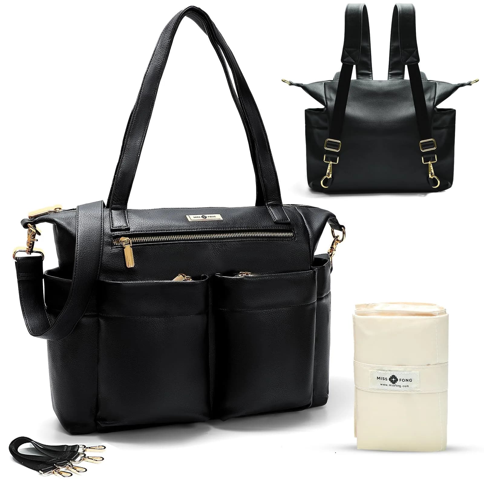 miss fong Diaper Bag Tote Leather Diaper Bag Backpack Pañaleras Para Bebe | Spacious, Stylish & Practical for Moms & Dads — Black