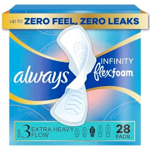 Always Infinity FlexFoam Feminine Pads Size 3 Extra Heavy Flow with Wings, 28 Count (7.7 oz) | Dermatologist Tested & Skin Friendly thumbnail 1