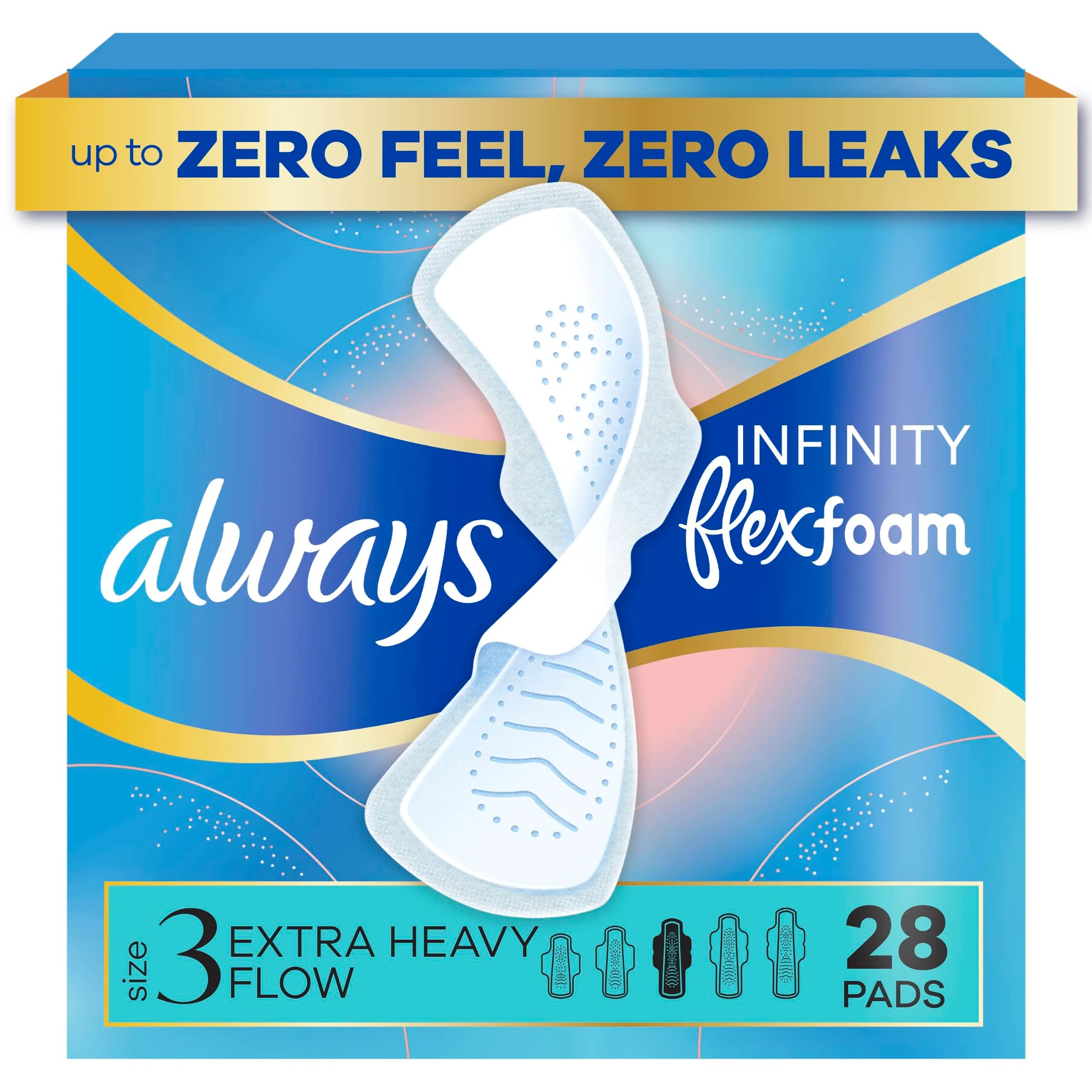 Always Infinity FlexFoam Feminine Pads Size 3 Extra Heavy Flow with Wings, 28 Count (7.7 oz) | Dermatologist Tested & Skin Friendly — Pad