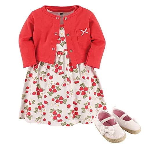 Hudson Baby Strawberry Baby Girl Cotton Dress, Cardigan & Shoe Set | 9-12 Months thumbnail 1