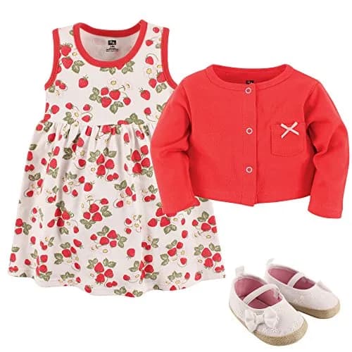Hudson Baby Strawberry Baby Girl Cotton Dress, Cardigan & Shoe Set | 9-12 Months thumbnail 2