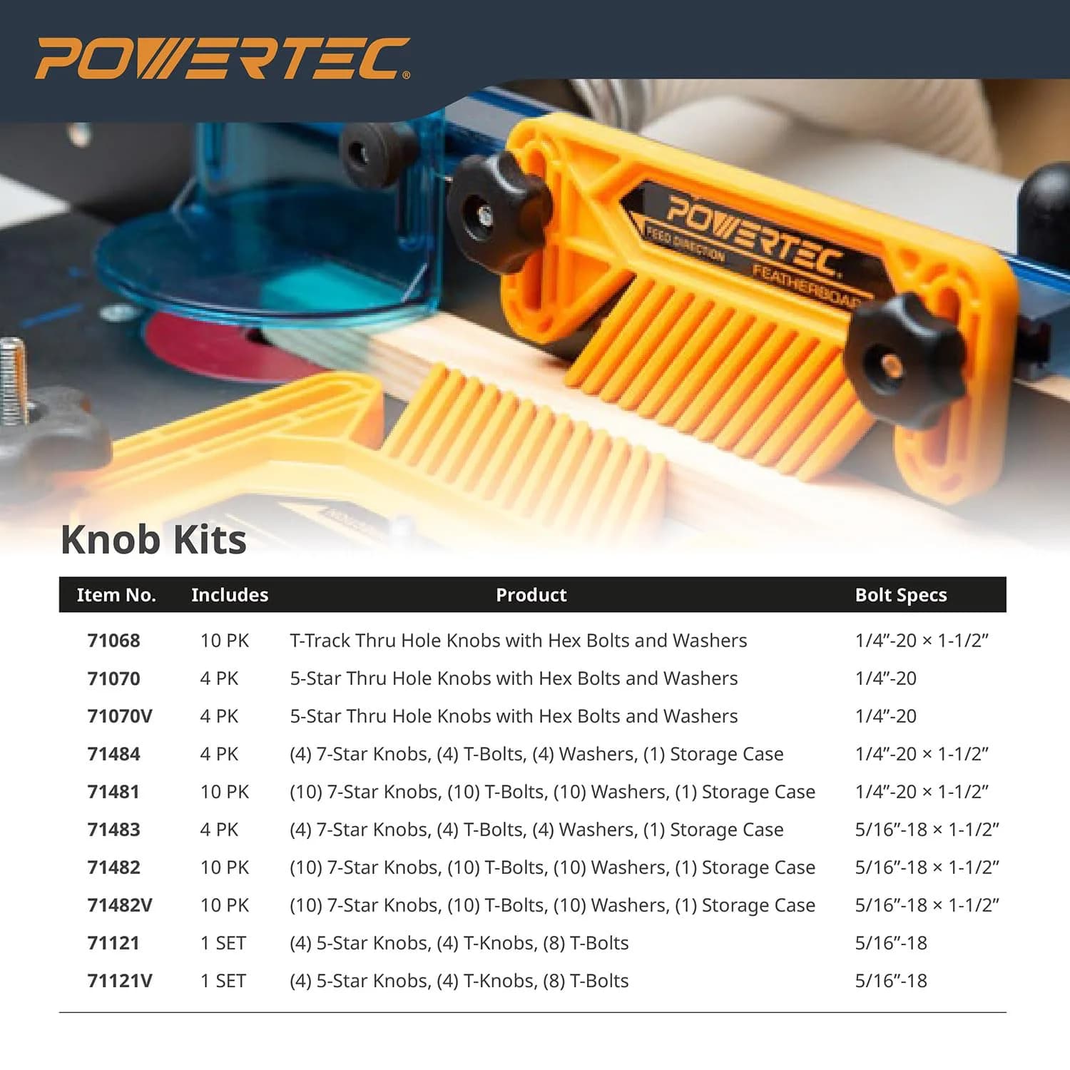 POWERTEC 71068 T Track Knob Kit with 1/4-20 x 1-1/2" Hex Bolts and Washers, Set of 10 | For Woodworking Jigs and Fixtures - view 7