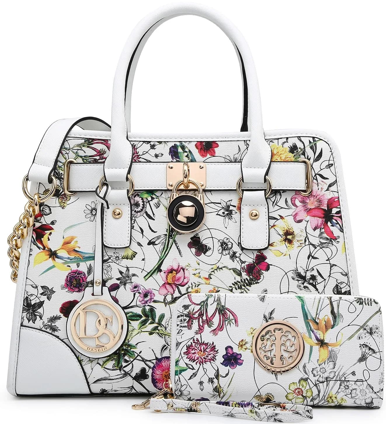 Dasein Women Handbags Top Handle Satchel Purse Shoulder Bag Hobo Bag Set 2pcs (White Floral) | Vegan Leather, Structured Design, 2pcs Set